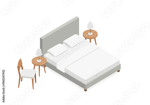 Isometric illustration of a comfortable bedroom with a bed, nightstands, lamps, and a chair