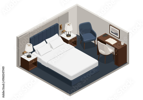 Cozy hotel room with a comfortable bed, desk, chair, and bedside lamps in isometric view