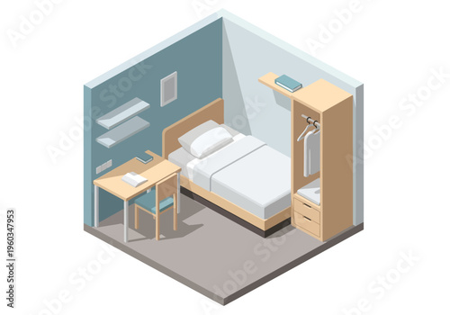 Isometric view of a small dorm room furnished with a bed, desk, chair, and wardrobe for student living