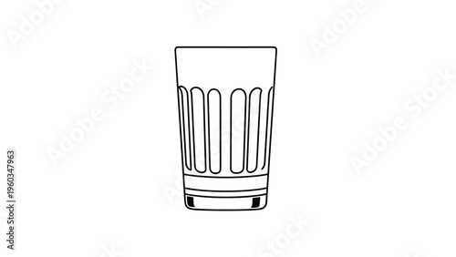 Simple line drawing of an empty faceted drinking glass for water, juice, or soda isolated on a plain white background for design projects.