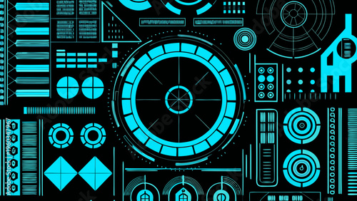 Futuristic interface elements arranged in a symmetrical glowing cyan pattern
