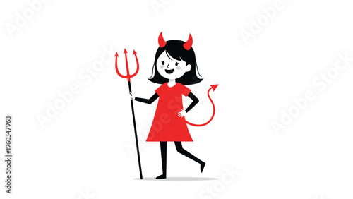 Cartoon little girl in a red devil costume with horns, a tail, and a pitchfork smiling on a white background for Halloween dress-up fun.
