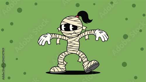 Fun cartoon mummy character wrapped in bandages with a black ponytail dancing against a green background with dark spots for Halloween fun.