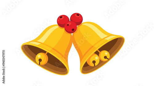 Two golden Christmas bells tied together with red holly berries on top representing traditional festive holiday music and joyful celebration.