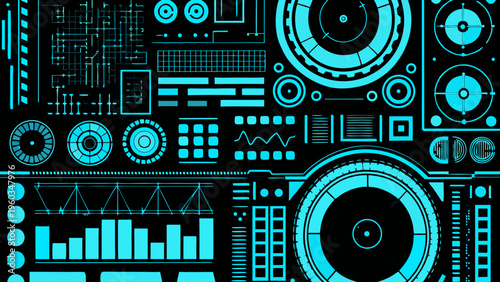 Abstract futuristic interface with glowing cyan elements on black background