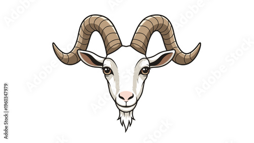 Realistic illustration of a ram head with large curved horns and a calm expression isolated on a clean white background for wildlife themes.