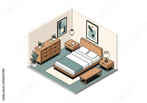Cozy Isometric Bedroom Interior Design with Wooden Furniture and Art