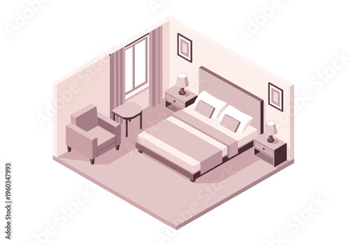 Cozy Isometric Bedroom Scene with Armchair, Bed, and Nightstand, Perfect for Interior Design Concepts
