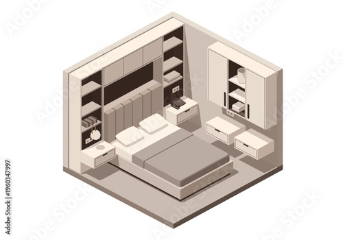 Isometric bedroom interior design with furniture, decor and storage solutions