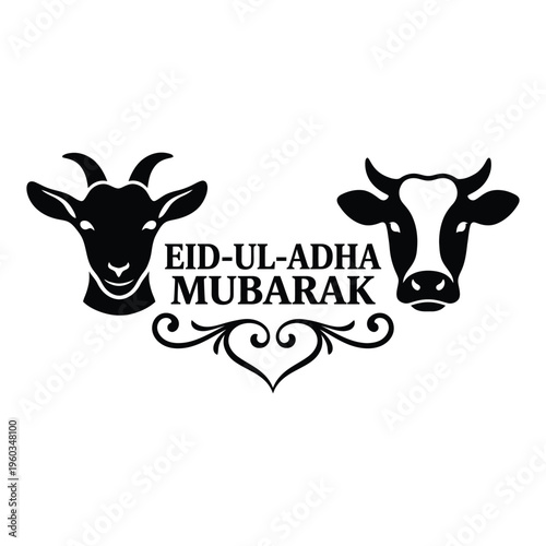Eid al adha mubarak celebration with goat and cow illustration for muslim community greetings design