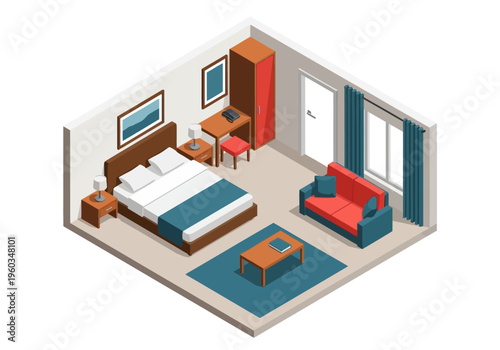 Cozy and modern isometric hotel room illustration with a bed, desk, and seating area