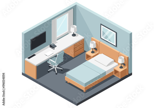 Cozy and functional isometric bedroom design with a workspace and comfortable bed