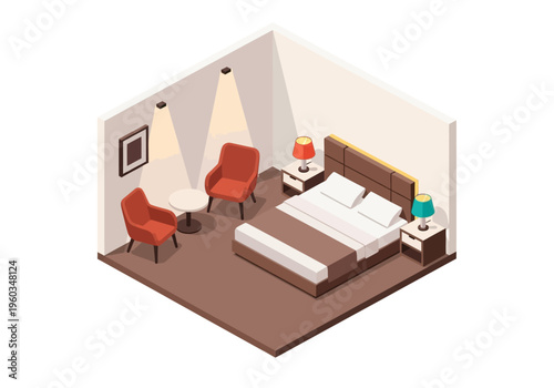 Cozy Isometric Bedroom Scene with Comfortable Furniture and Soft Lighting