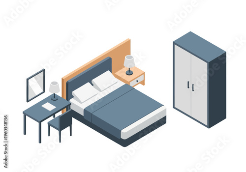 Cozy bedroom illustration featuring a bed, desk, and wardrobe in a minimalist isometric style