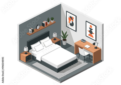 Cozy isometric bedroom with study desk, bed, and wall art, creating a comfortable and functional living space