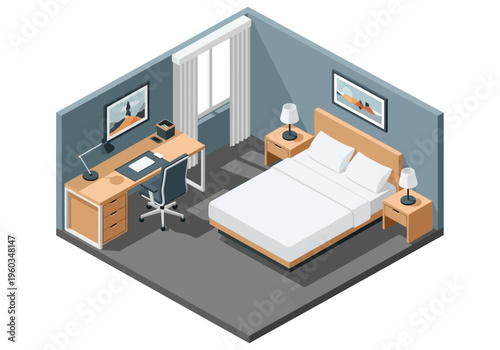 Isometric Bedroom with Desk and Bed, Perfect for Home Office or Living Space Design