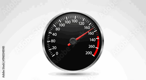 Dynamic speedometer gauge with red needle indicating high speed. Black dial, silver rim, performance measurement, acceleration concept.