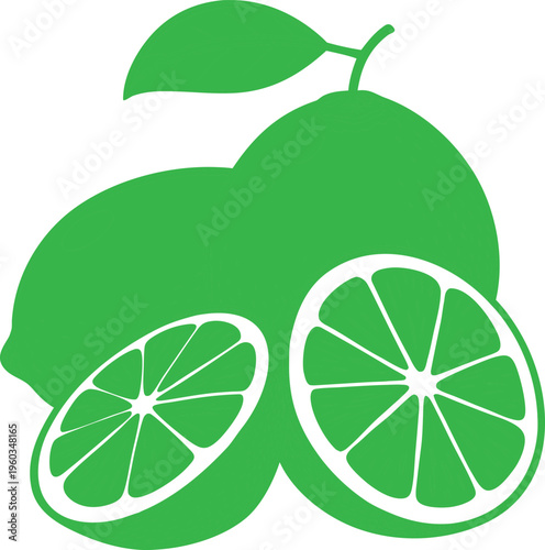 Green Lime Cut in Half with Leafy Stem Vector Graphic on white background