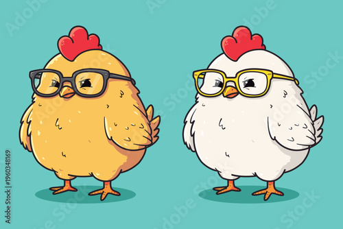 Cute Cartoon Chicken with Glasses  Funny Vector Character Illustration