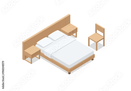Cozy bedroom scene with wooden furniture and white linens, isometric view