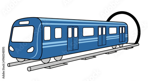 Blue subway train illustration on tracks entering tunnel. Modern underground metro transport, urban commuter journey graphic.