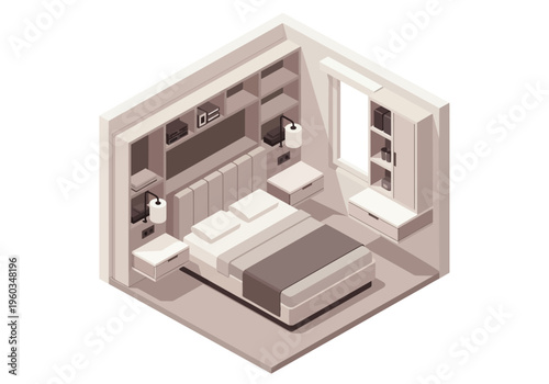 Isometric bedroom interior design with bed, nightstands, and bookshelf, modern furniture in neutral tones