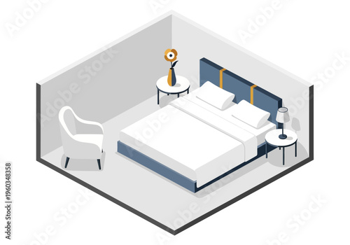 Cozy Bedroom Scene with Modern Furniture and Decor, Including a Comfortable Bed and Armchair