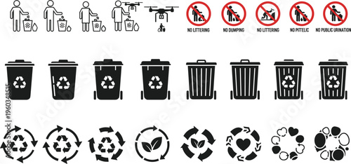 Large collection of recycling icons featuring waste bins environmental symbols no littering signs and sustainable disposal illustrations for public sanitation and green energy projects
