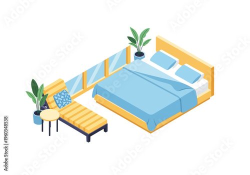 Cozy Bedroom Interior Design with Bed, Lounge Chair, and Plants