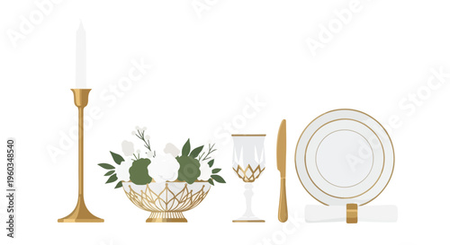Flat lay of gold and white tableware with a plant in a decorative bowl on a clean white background.