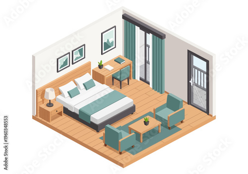 Cozy and modern bedroom interior design with isometric view, featuring a comfortable bed, desk, and seating area