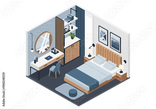 Cozy isometric bedroom design with a dresser, bed, and modern decor
