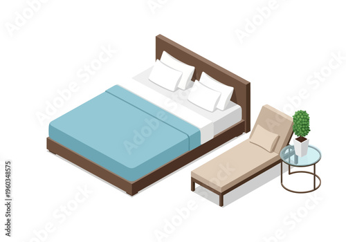 Comfortable bedroom furniture bed, chaise lounge, and side table with plant, isometric illustration