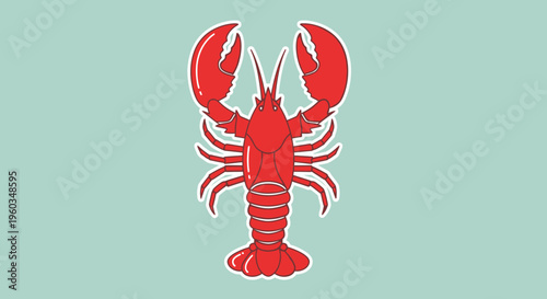 Vibrant Red Lobster Vector Illustration with Large Claws on a Solid Pale Blue Background, Stylized Marine Crustacean Graphic Icon