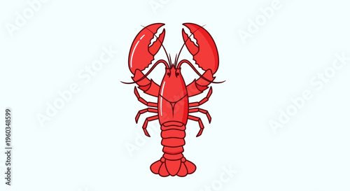 Vibrant red lobster cartoon illustration with large claws, a symmetrical vector graphic of a marine crustacean, ideal for seafood concepts.