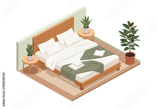 Cozy Bedroom Interior Design with Bed, Side Tables, and Plants in an Isometric View