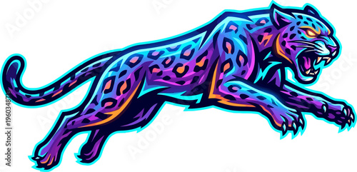 Running leopard mascot in vibrant purple