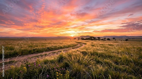 Vast Savanna Landscape at Sunset with Winding Dirt Road and Colorful Sky Over Golden Grass