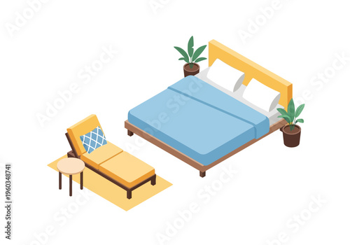 Isometric bedroom interior design with a comfortable bed, chaise lounge, and plants