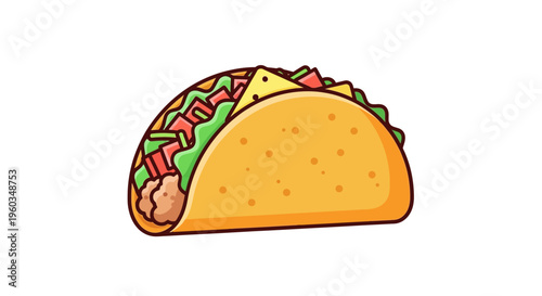 Vibrant cartoon taco illustration featuring a golden crispy shell, seasoned ground meat, fresh lettuce, diced tomatoes, and shredded cheese.