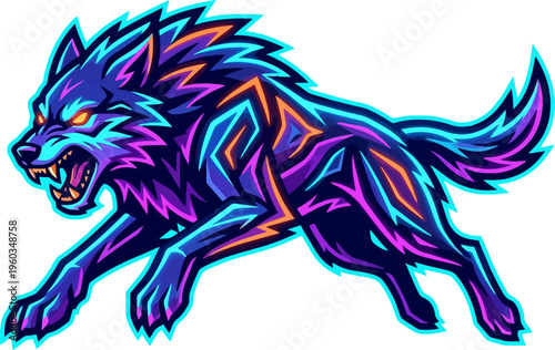 Running wolf mascot illustration with dark purple and blue tones