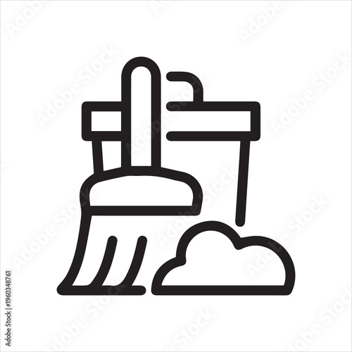 Thin Outline Icon Broom, Besom Near a Pile of Garbage and Trash Can, Rubbish Bin. Such Line sign as Cleaning Garbage, Cleanup, Sweeping. Vector Computer Pictograms White Background Editable Stroke.