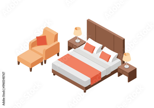 Cozy bedroom interior design with a comfortable bed, armchair, and nightstands featuring lamps