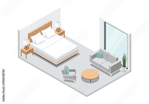 Isometric illustration of a modern bedroom with a living area, featuring a bed, sofa, and coffee table