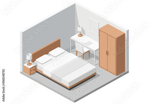 Isometric view of a modern bedroom with a bed, desk, chair, and wardrobe on a white background