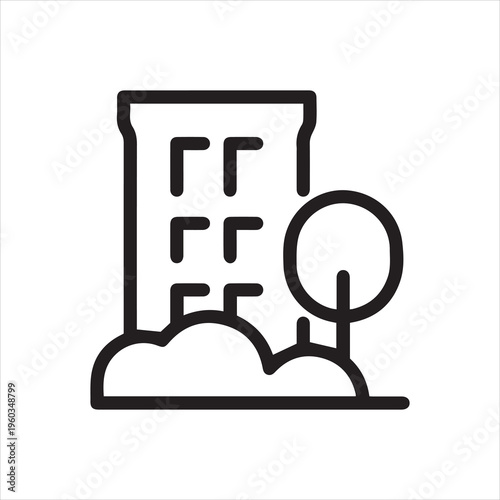 Thin Outline Icon Cozy Multi-Storey Building, House with Park. Such Line sign as Real Estate, House or Home. Thin Vector Computer Isolated Pictograms for Web on White Background Editable Stroke.