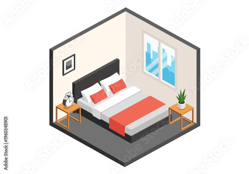 Cozy Isometric Bedroom Illustration with City View, Bedside Tables, and Alarm Clock