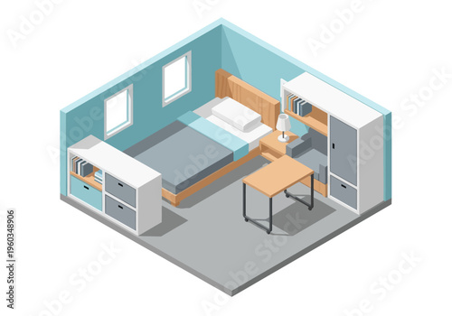 Cozy Isometric Bedroom With Desk And Wardrobe Ideal For Dormitory Or Small Apartment