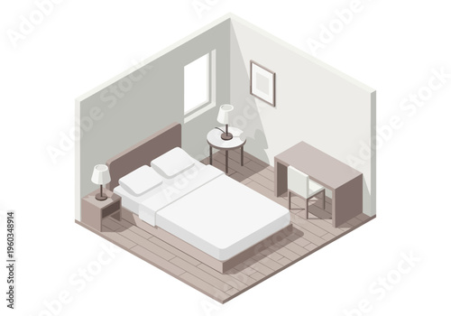 Cozy and functional bedroom interior design with a bed, desk, and bedside table