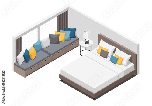 Cozy Bedroom Interior with Window Seat, Bed, and Pillows in Modern Style